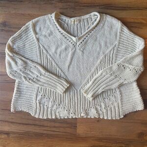 Altar'd State Sweater Cream Pointelle Knit V-Neck Open Knit Boho Womens M/L
